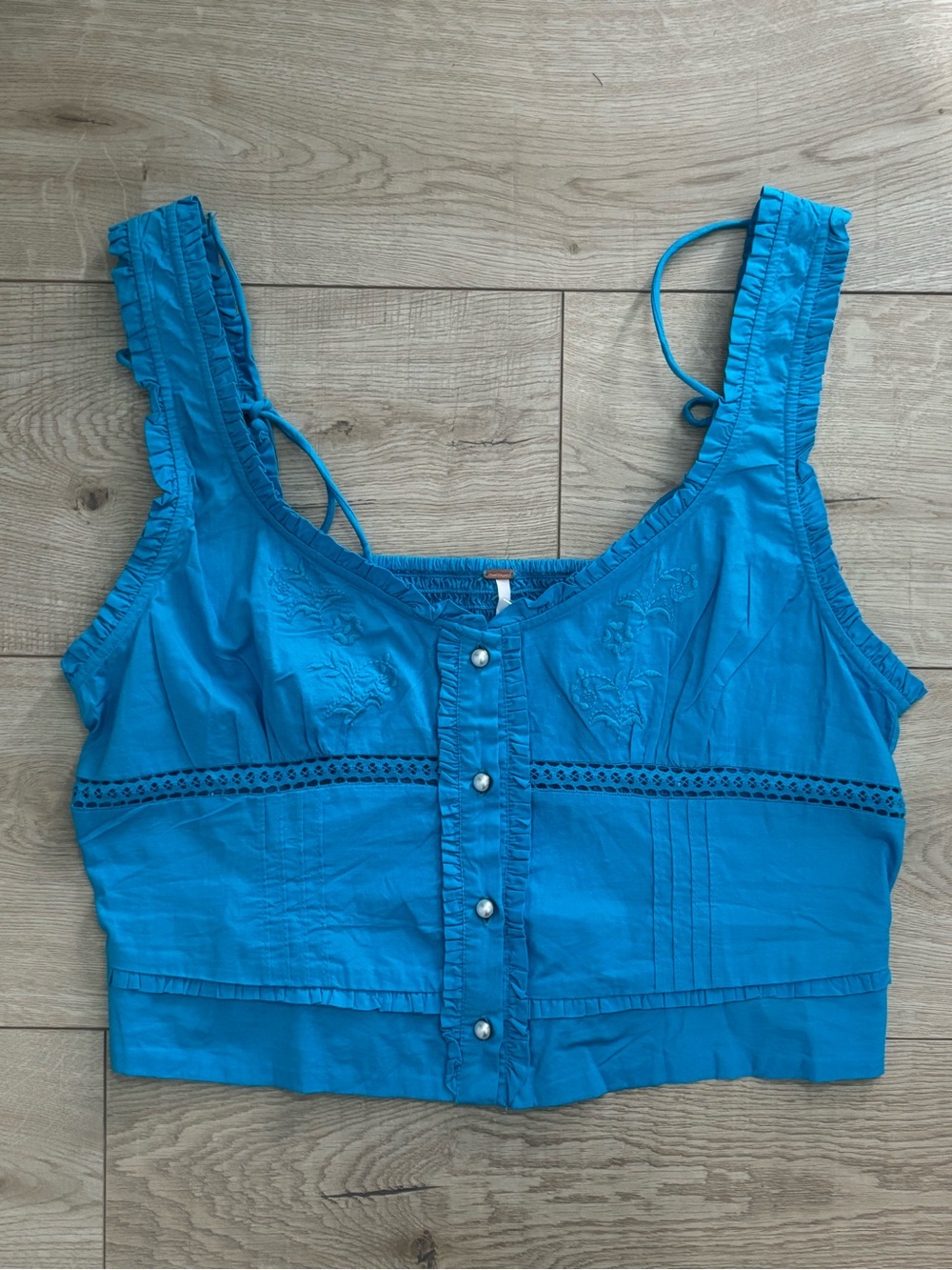 Free People Kerry Cropped Embroidered Blue Button-Front Tank Top Boho Western